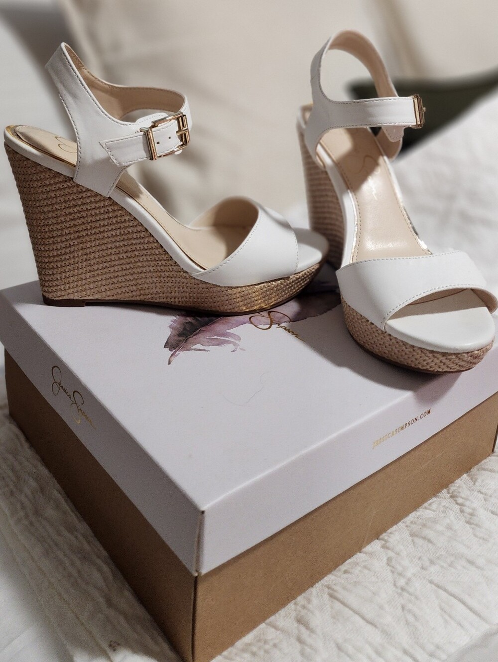 Jessica Simpson White Espadrille Wedge Sandals with Ankle Buckle